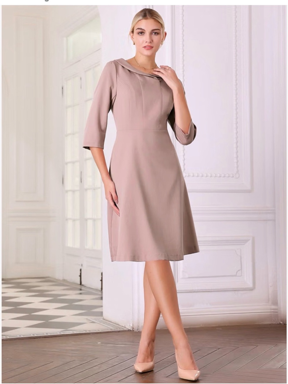 Soft Mauve Midi Dress with Rounded Collar